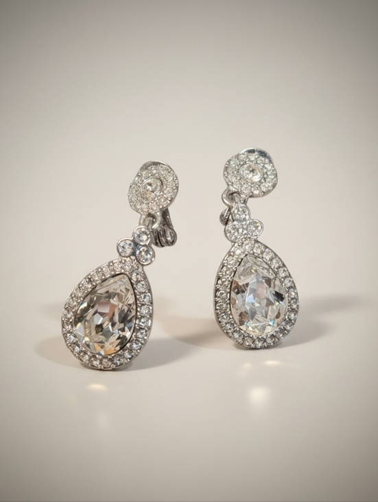 Givenchy Jewelry - Givenchy Vintage Crystal Drop Clip on Earrings Formal Silver TEARDROP BRIDE